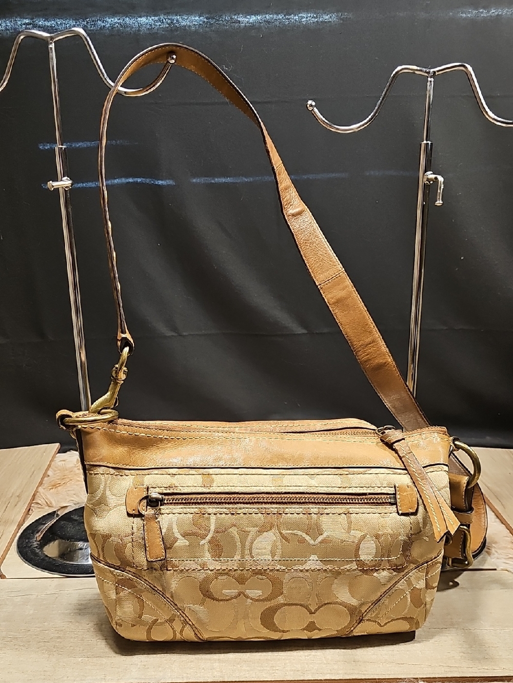 Coach Tan Signature Canvas Shoulder Bag with Leather Trim